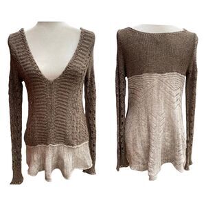 Free People Boho Open Knit Peplum Hem Sweater Tunic Brown Beige Taupe Size S